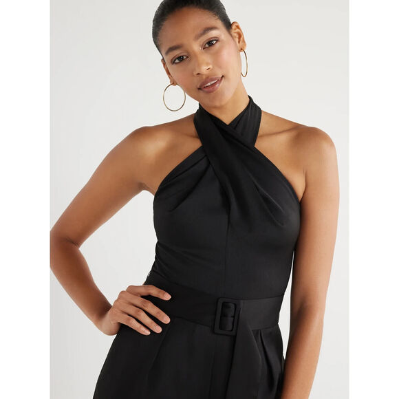 Scoop Womens Halter Satin Wrap Jumpsuit Wide Leg Sleeveless Black Size XS (0-2) - Picture 3 of 4